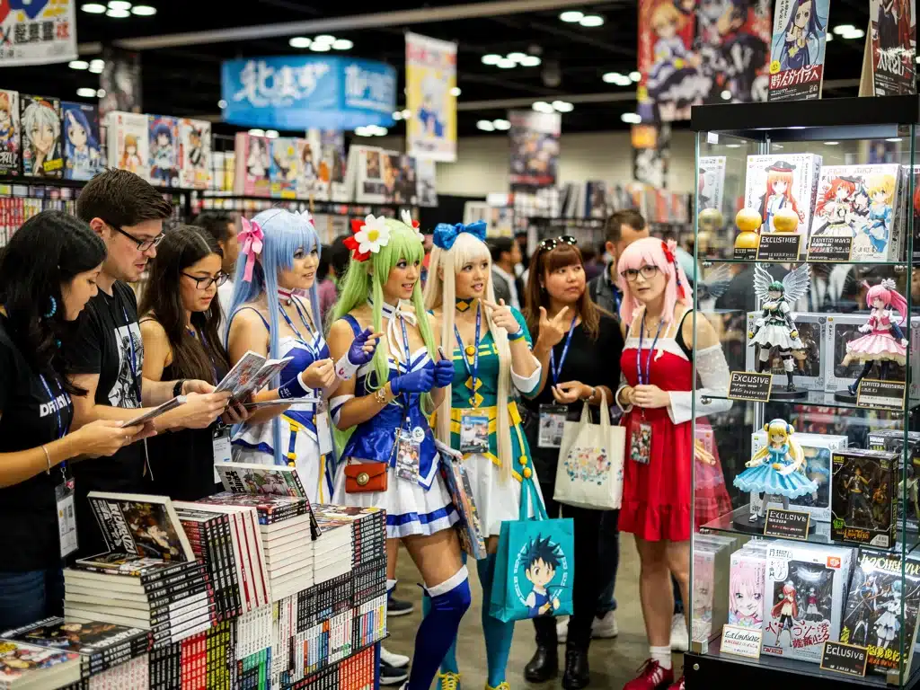 Diverse US fans in cosplay enthusiastically engaging with new Japanese manga and anime releases at a vibrant convention.