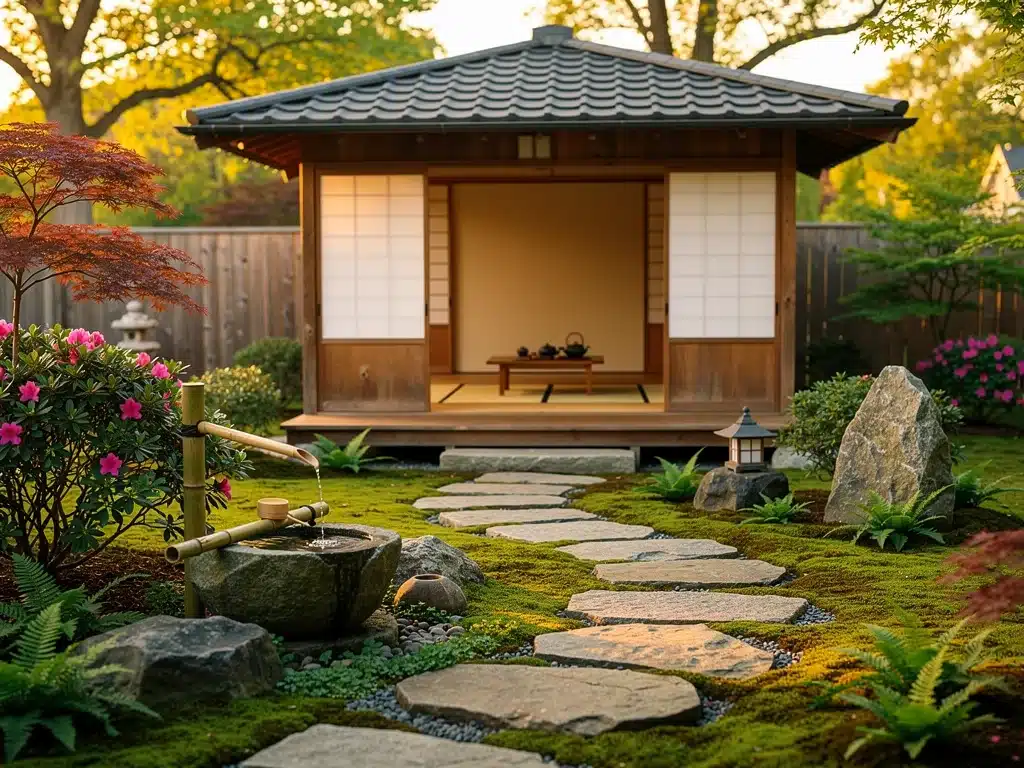 Authentic tea garden with stone path and rustic tea house in the United States