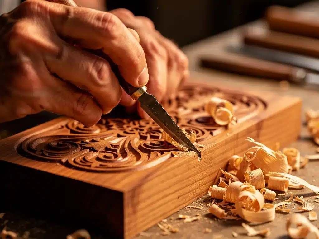 Artist carving a cherry woodblock for Japanese printmaking