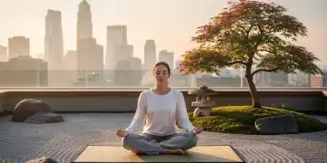 Serene meditation in Japanese garden with US cityscape overlay, symbolizing Zen integration.